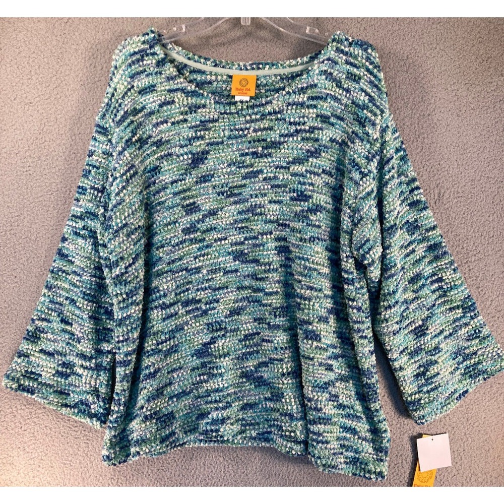 Ruby Rd. Sweater Women's Plus 1X Blue Green Loose Knit Long Sleeve Pullover NEW